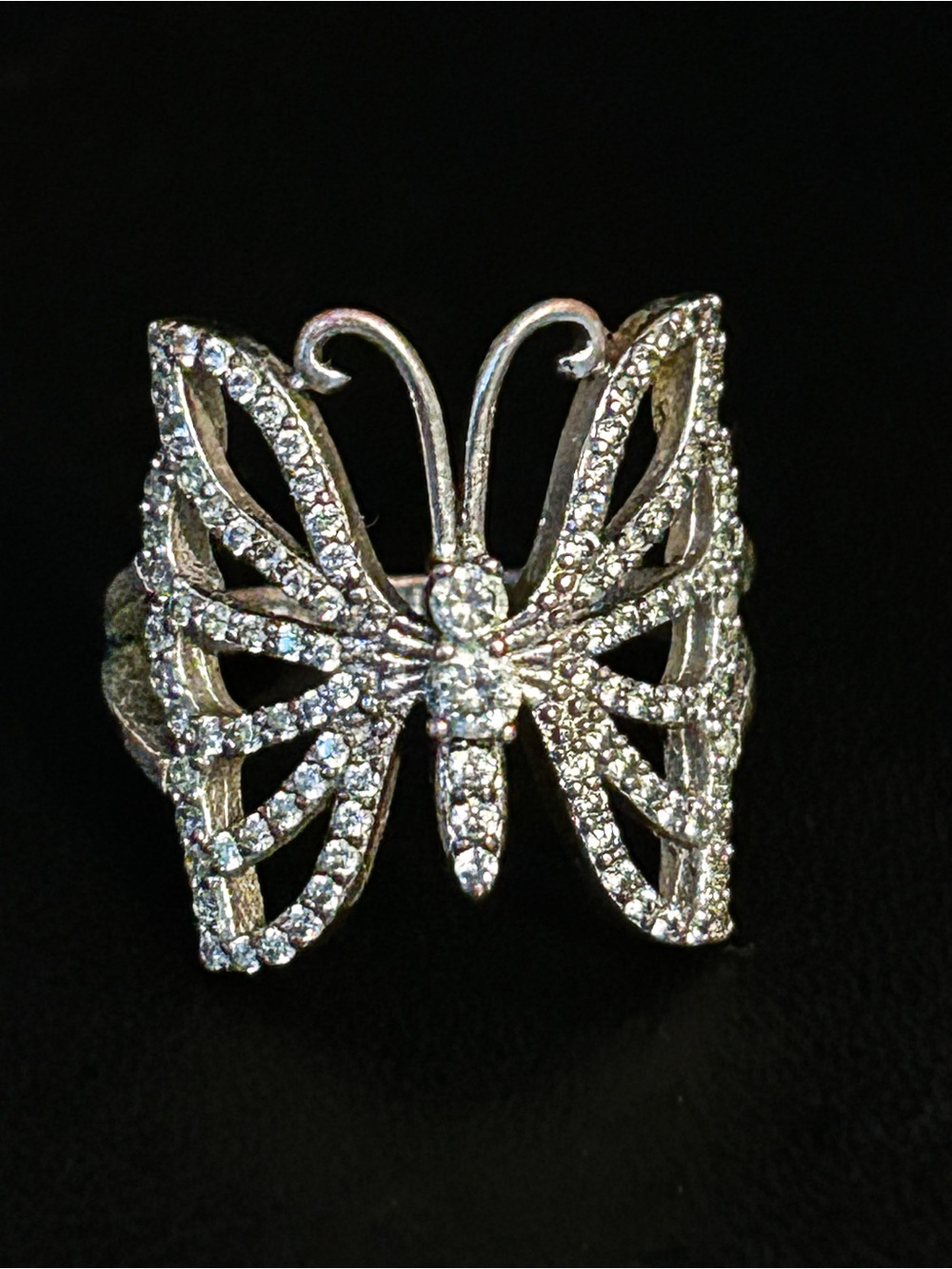 Large Pave CZ Butterfly Statement Ring, Marked JCM Brass China, Size 7